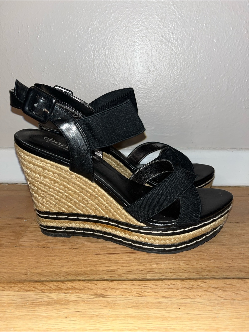 Charles David Black Espadrille Wedge Sandals with Jute Platform